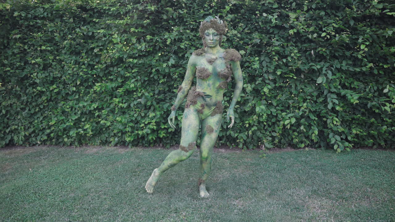 foto ancha de una modelo femenina con pintura corporal verde bailando lentamente en la naturaleza, en el estilo de las formas inspiradas en la naturaleza