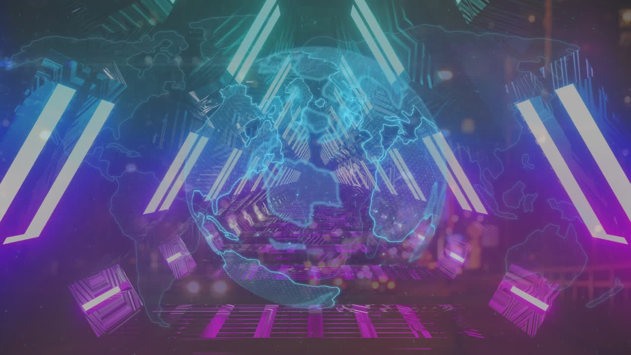 세계 지도 에 비해 빛나는 터널 위 에 회전 하는 지구