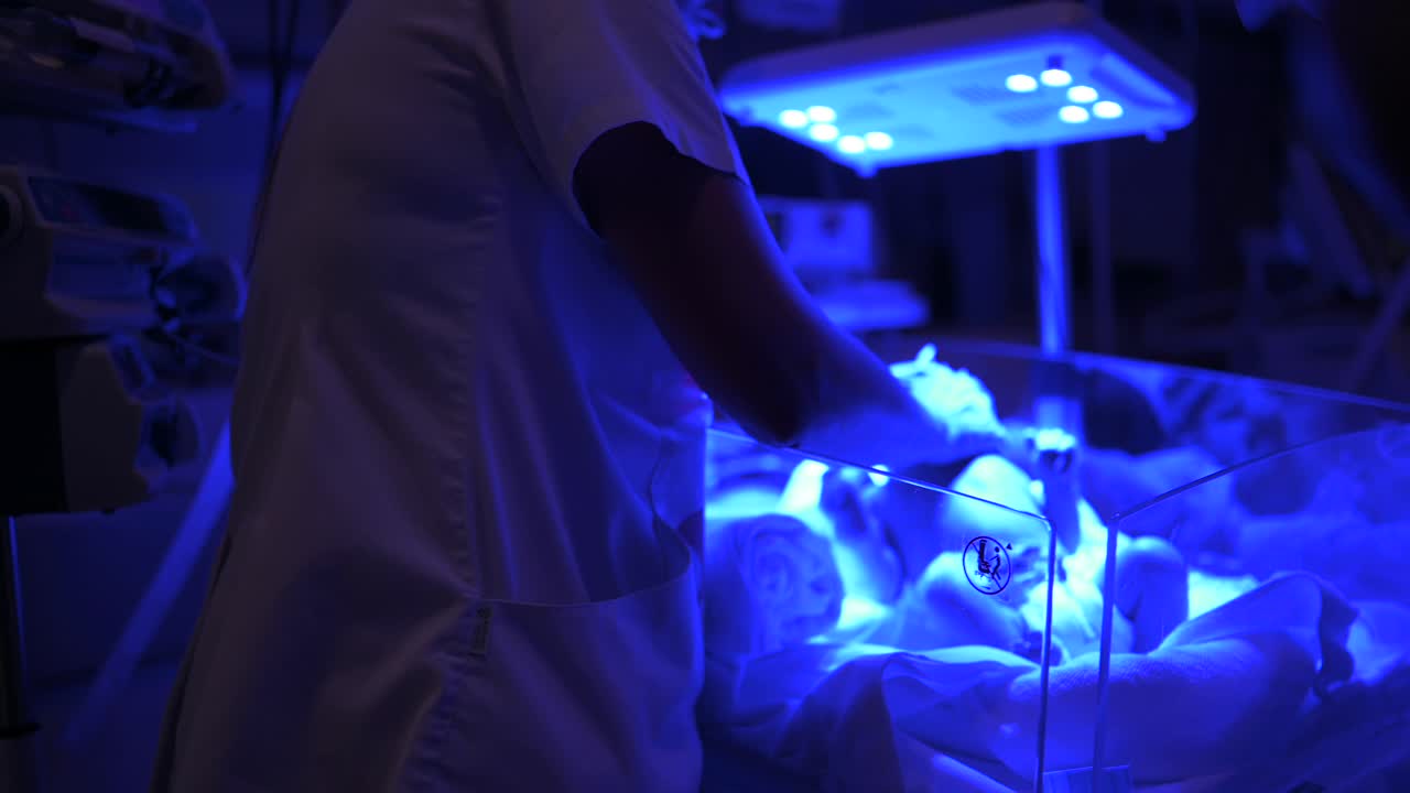 Nurse touching fragile newborn in neonatal incubator