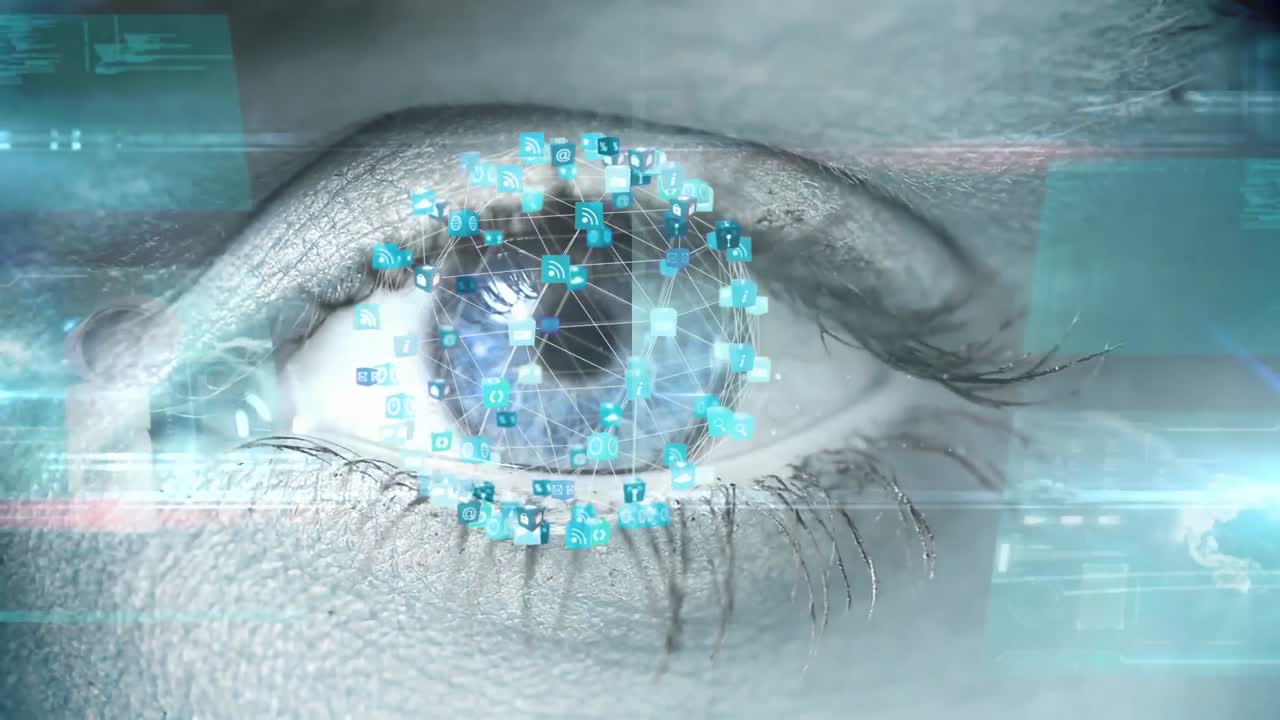 Animation of network of data processing over woman's eye