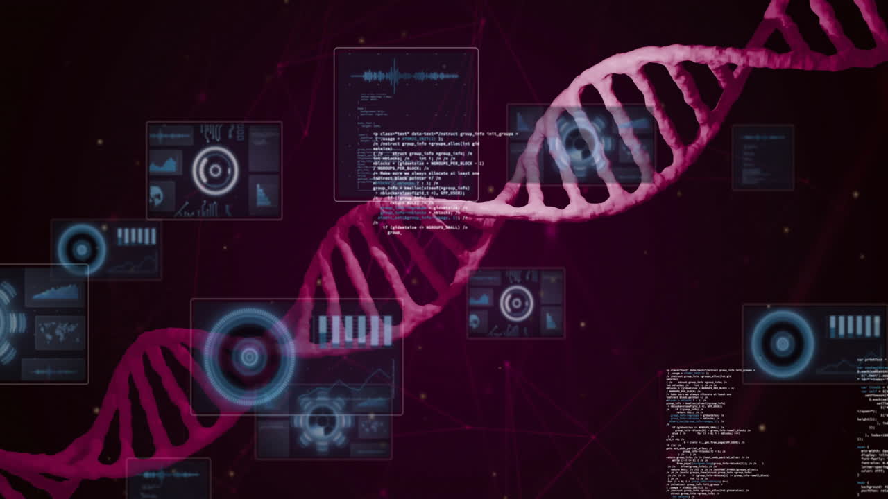 Digital animation of DNA strand with interface elements on dark red background