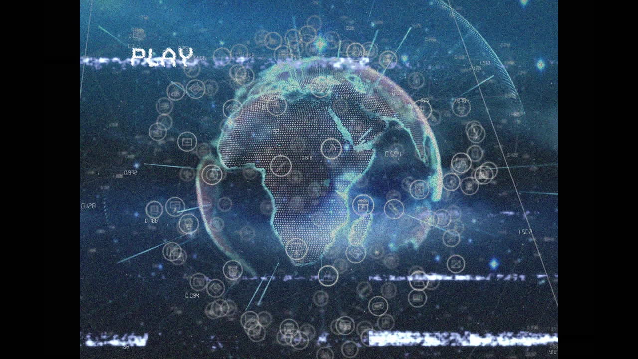 글리치와 전 세계 아이콘과 연결된 화면에서 디지털 인터페이스를 재생하는 애니메이션