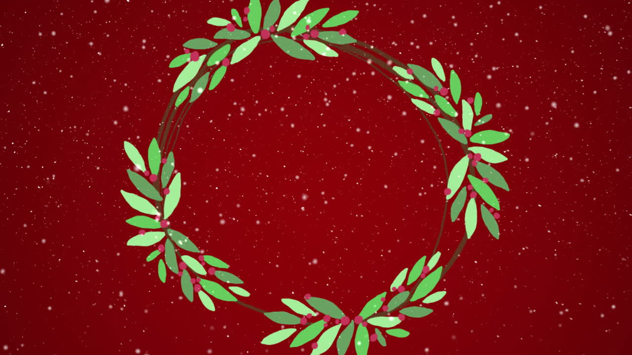 Falling snowflakes on red background with green wreath