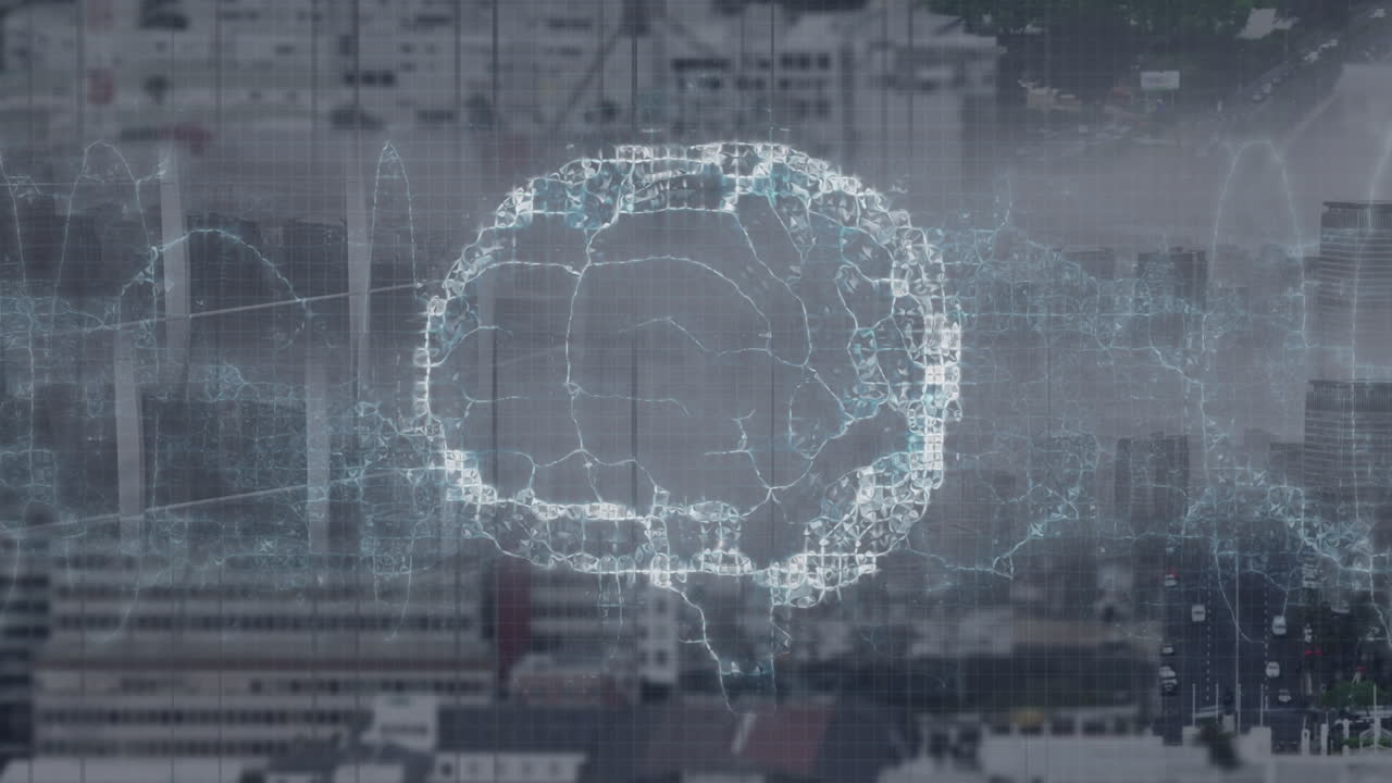 Animation of spinning brain over cityscape
