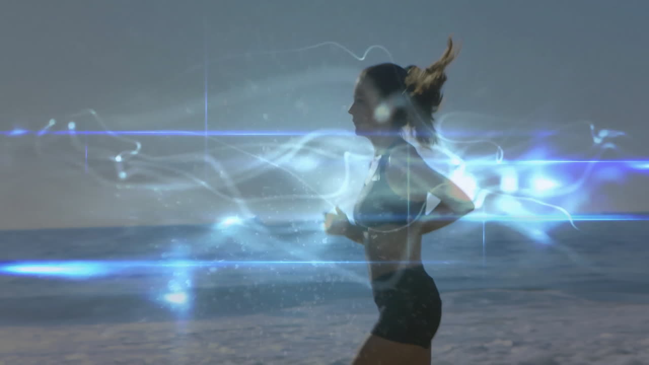 Woman jogging on beach with glowing energy animation surrounding her