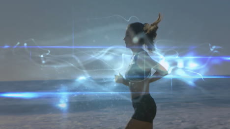 woman jogging on beach with glowing energy animation surrounding her