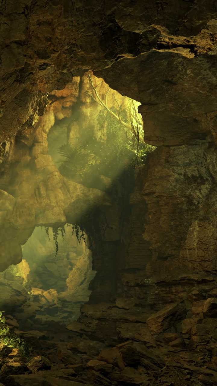 Luce che filtra da un'apertura di grotta in un ambiente forestale di giorno.