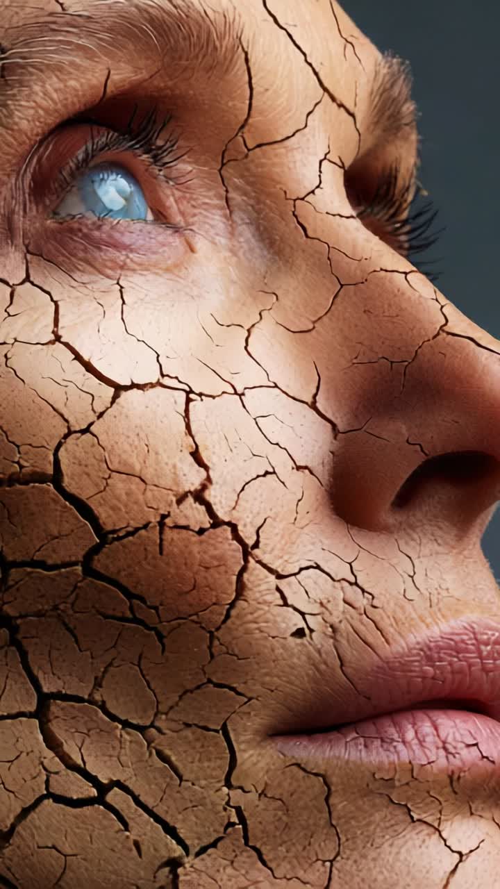 A Close-Up of a Face with Intricate Cracks, Reflecting the Struggles of Time and Emotion Through its Eyes and Skin Texture, Emphasizing Human Resilience and Fragility