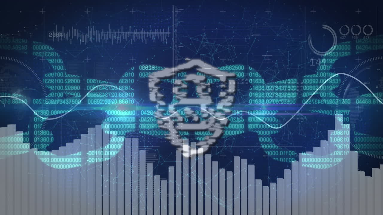animación del candado y el procesamiento de datos financieros sobre fondo azul