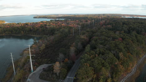 Flying-over-road-parallel-to-power-lines-on-island-of-dense-woodland