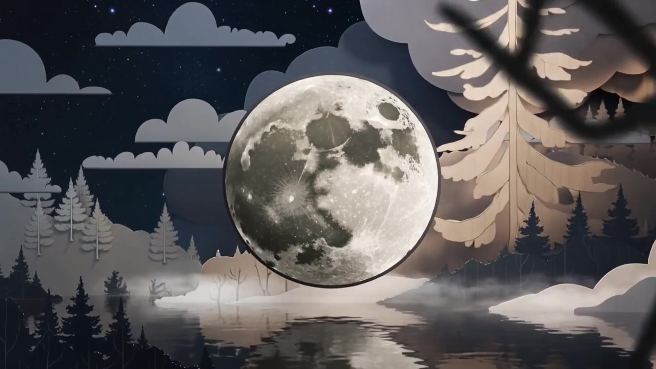 Disco lunare che sorge, spostandosi da dietro una collina in un diorama di carta, proiettando un riflesso e infittendo la nebbia