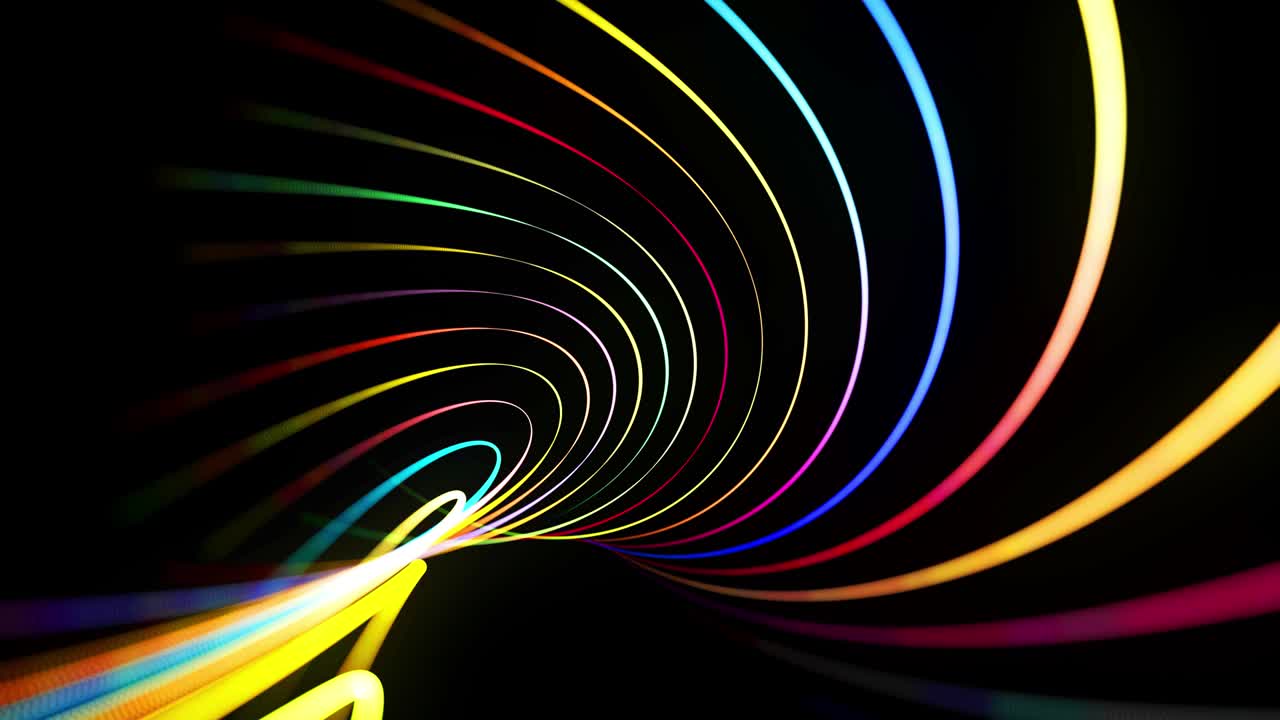 fondo en bucle abstracto en 4k con rayas de luz multicolores, efectos de luz y bokeh. líneas de neón hechas de partículas vuelan y forman estructura curva o patrón retorcido. espiral