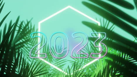 animation of year 2023 over neon shapes and plants