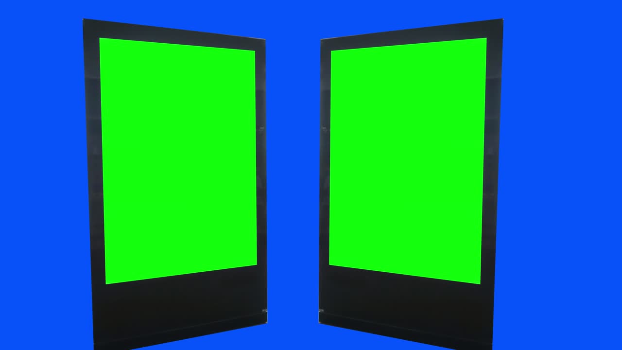 마 키, 3d 광고판 모, 녹색 스크린, 파란 스크린 배경의 빈 배너, 몇 개의 빈 보드.