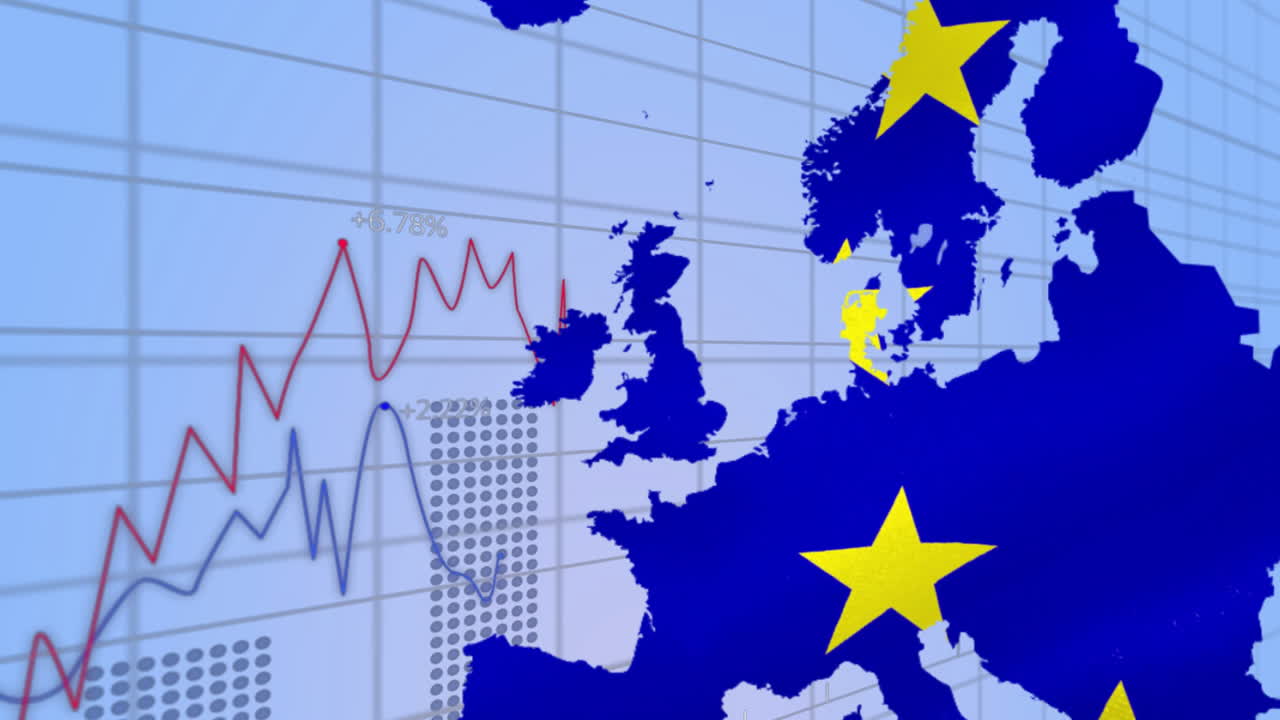 Animation showing economic growth on Europe map with EU stars in background