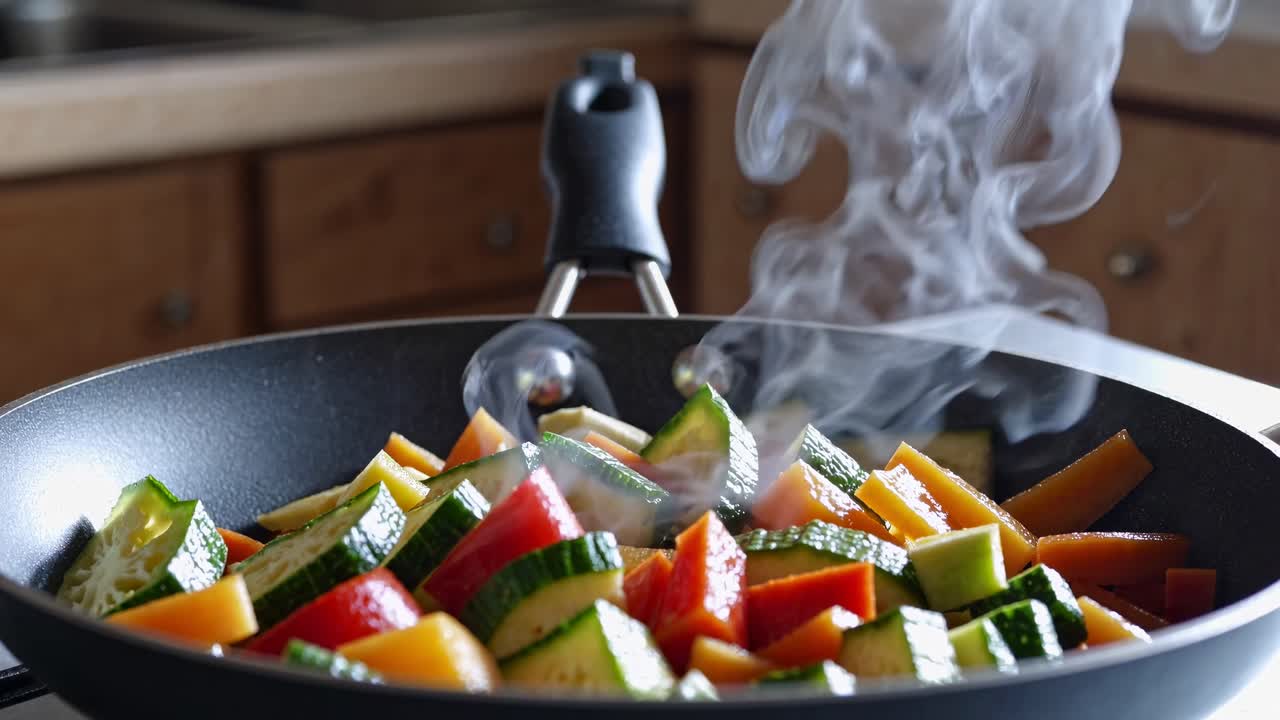 Close-up video shot of colorful vegetables sizzling in a pan, capturing steam rising