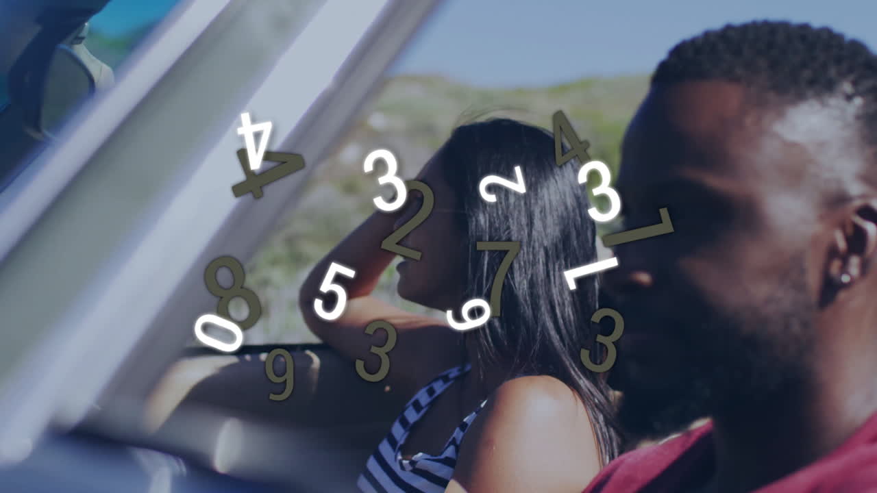 Animation of numbers floating over people in convertible car, enjoying ride