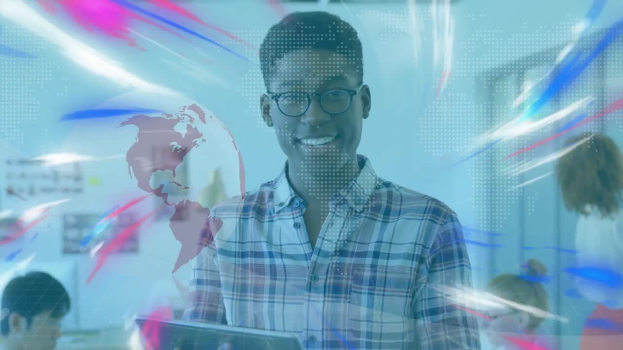 Animation of globe and connections over man using tablet