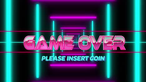 animation of game over text, please insert coin text over illuminated lopping square tunnel