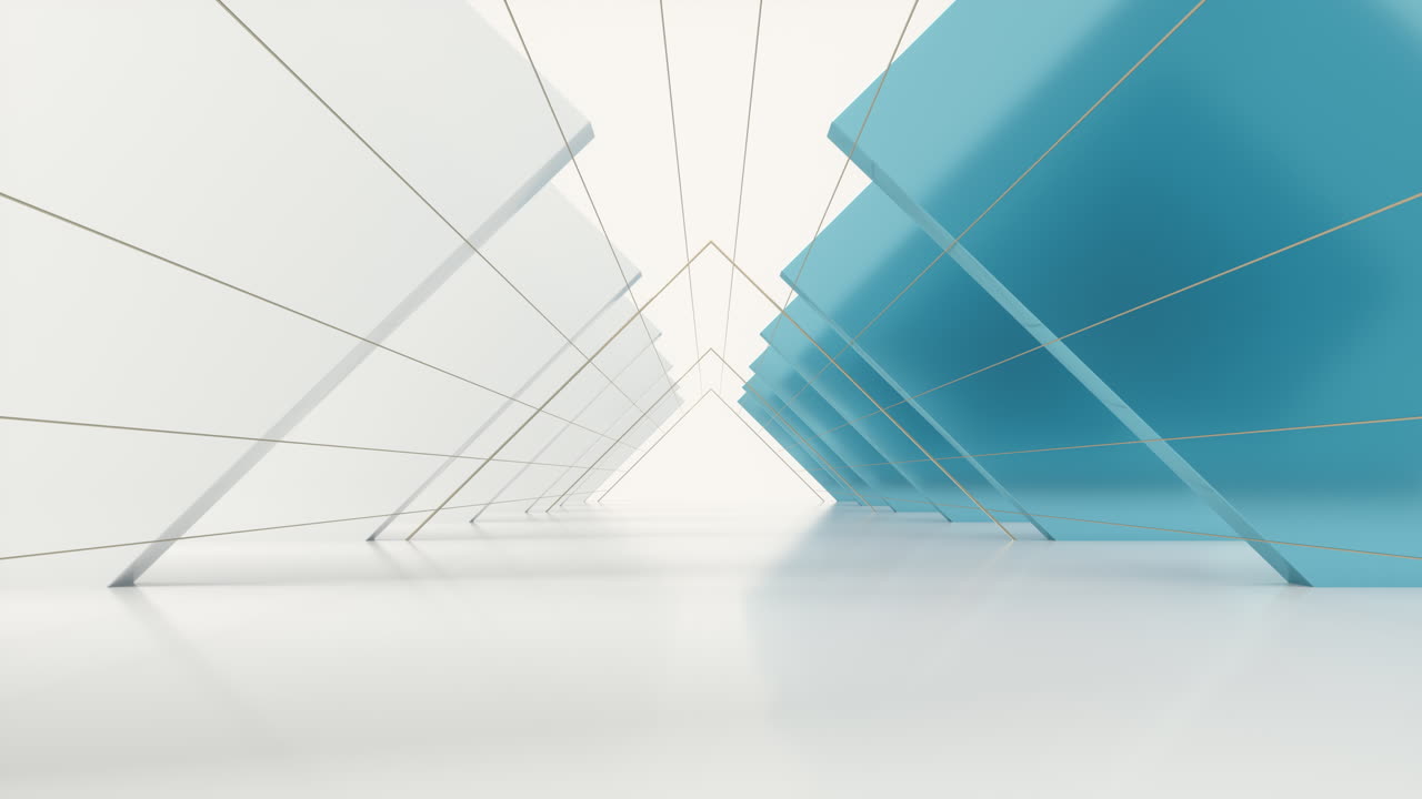 Going forward in triangle tunnel with cubes on sides, 3d rendering.
