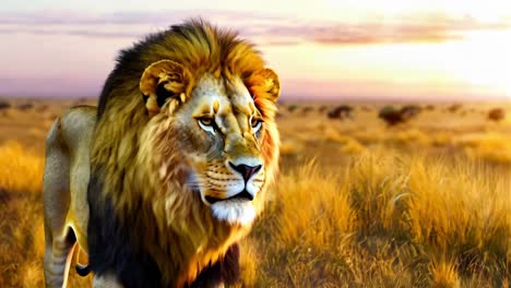 majestic lion in the african savanna at sunrise