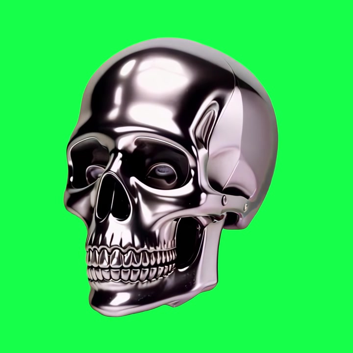 Teschio cromato renderizzato in 3D che ruota su green screen