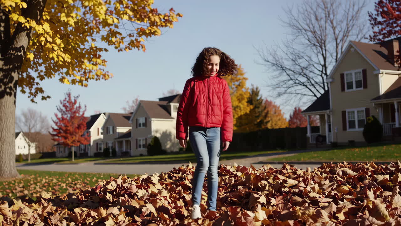 Happy Girl Playing in a Pile of Autumn Leaves