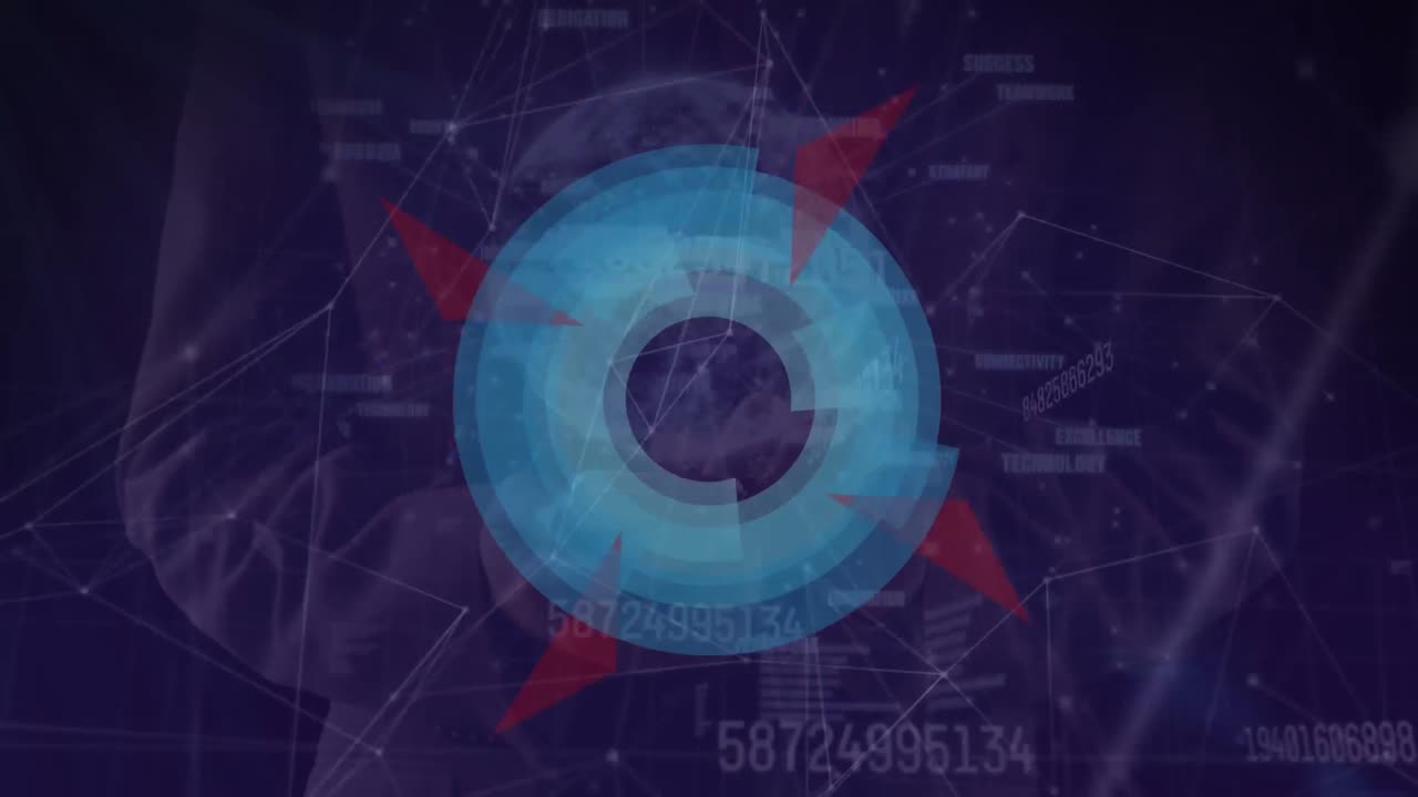animación de redes de conexiones con números que cambian a través del hombre usando un teléfono inteligente
