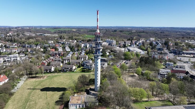 broadcasting tower in Wuppertal, Germany. telecommunications, wifi, 4G,5G Aerial view.