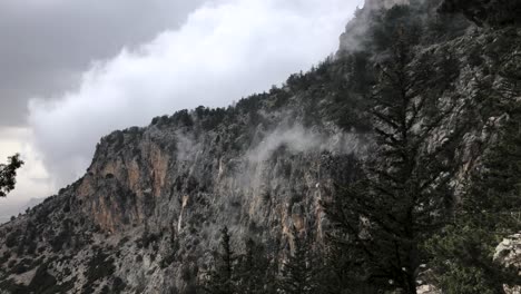 Fog-view-on-the-mountain-as-you-climb-to-Buffavento-Castle-on-the-top-of-the-mountain-in-Kyrenia,-Northern-Cyprus