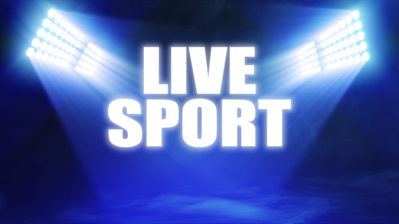 Animated sports graphic with 'Live Sport' text, with bright banks of floodlights shining dramatic volumetric light over a misty, atmospheric scene, in deep blue color palette