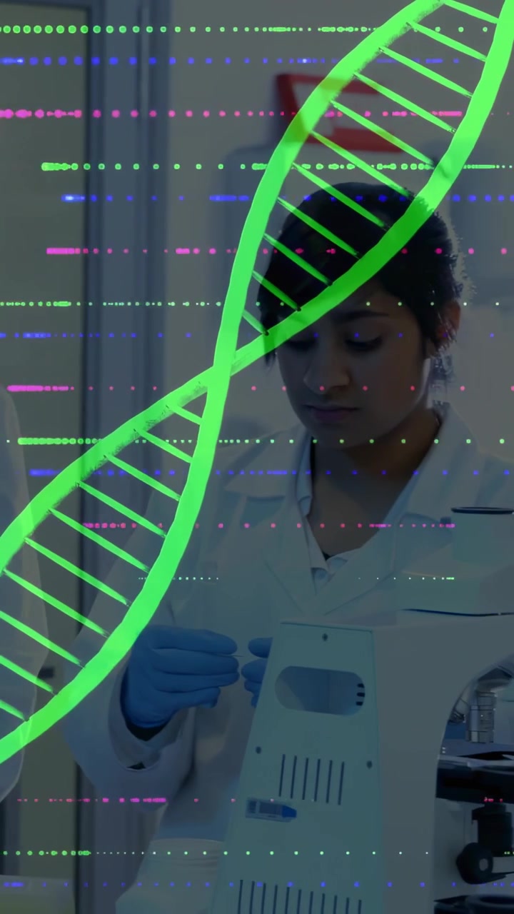 Vertical video: Lab team tuning scope causing neon DNA helix and glitch scanning while testing tub