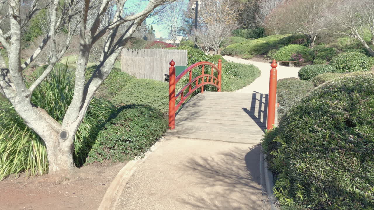 toma panorámica del puente rojo sobre el estanque, rodeado de follaje verde, ju raku en jardín japonés, toowoomba, australia