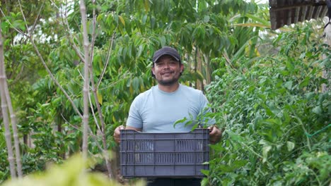 latin farmer holding basket in rural garden, sustainable agriculture concept