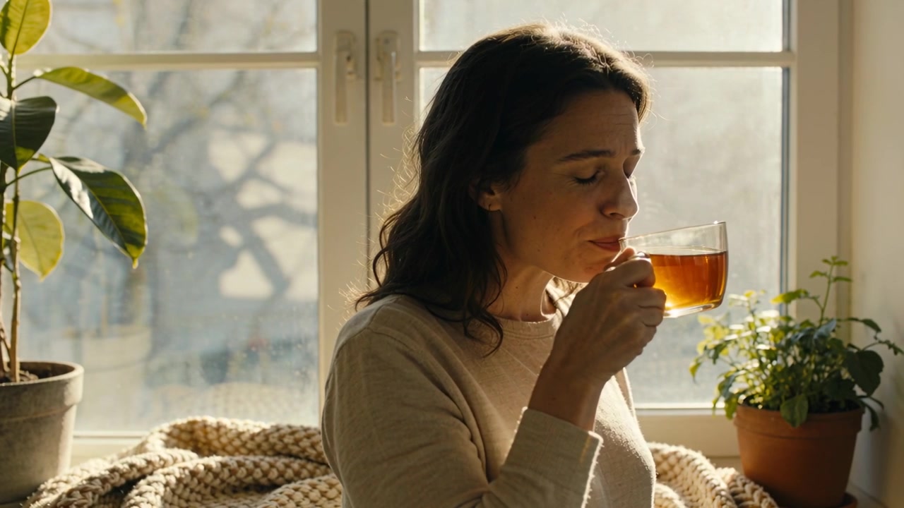 Bringing woman in knit sweater lifting teacup after sitting on window seat, sipping tea for warmth