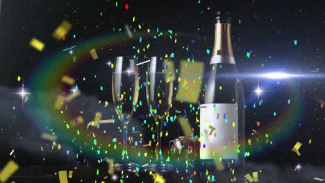 Animation-of-champagne-flutes-and-bottle-with-confetti-against-illuminated-lights