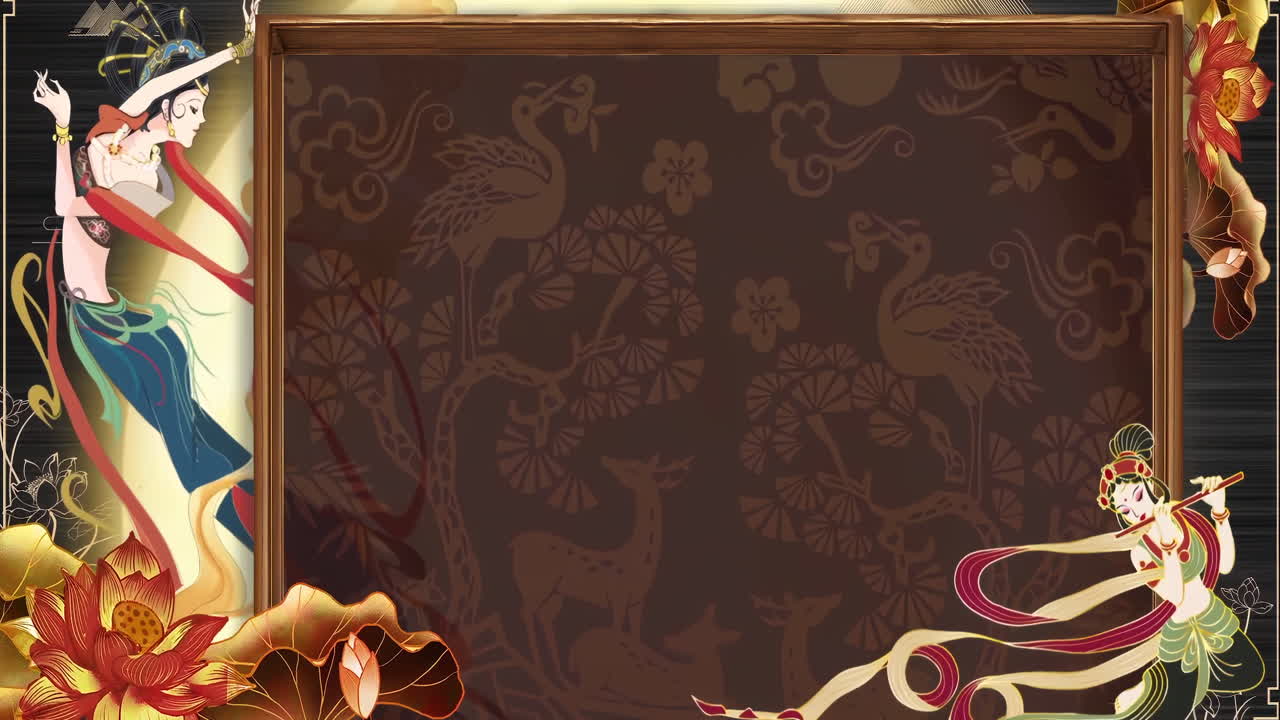 Elegant Traditional Asian Art Background with Dancing Figures and Nature Motifs