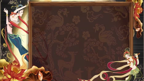 elegant traditional asian art background with dancing figures and nature motifs