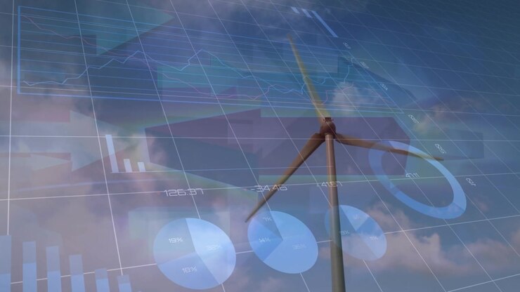 Animazione di grafici, dati e frecce su una turbina eolica in movimento