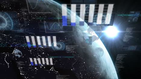 Animation-of-multiple-graphs,-radars,-computer-language-over-rotating-globe-and-lens-flare