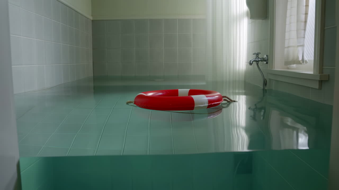 Flooded Bathroom With Red Lifebuoy Floating In Nearly Full Tub, Pale Tiled Walls, Curtained Window, Chrome