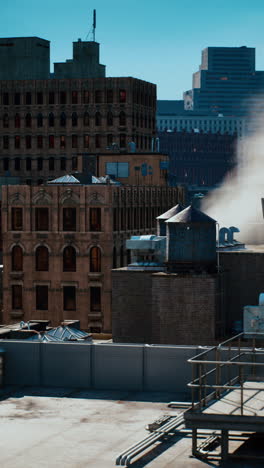 horizonte urbano con torre de agua y humo