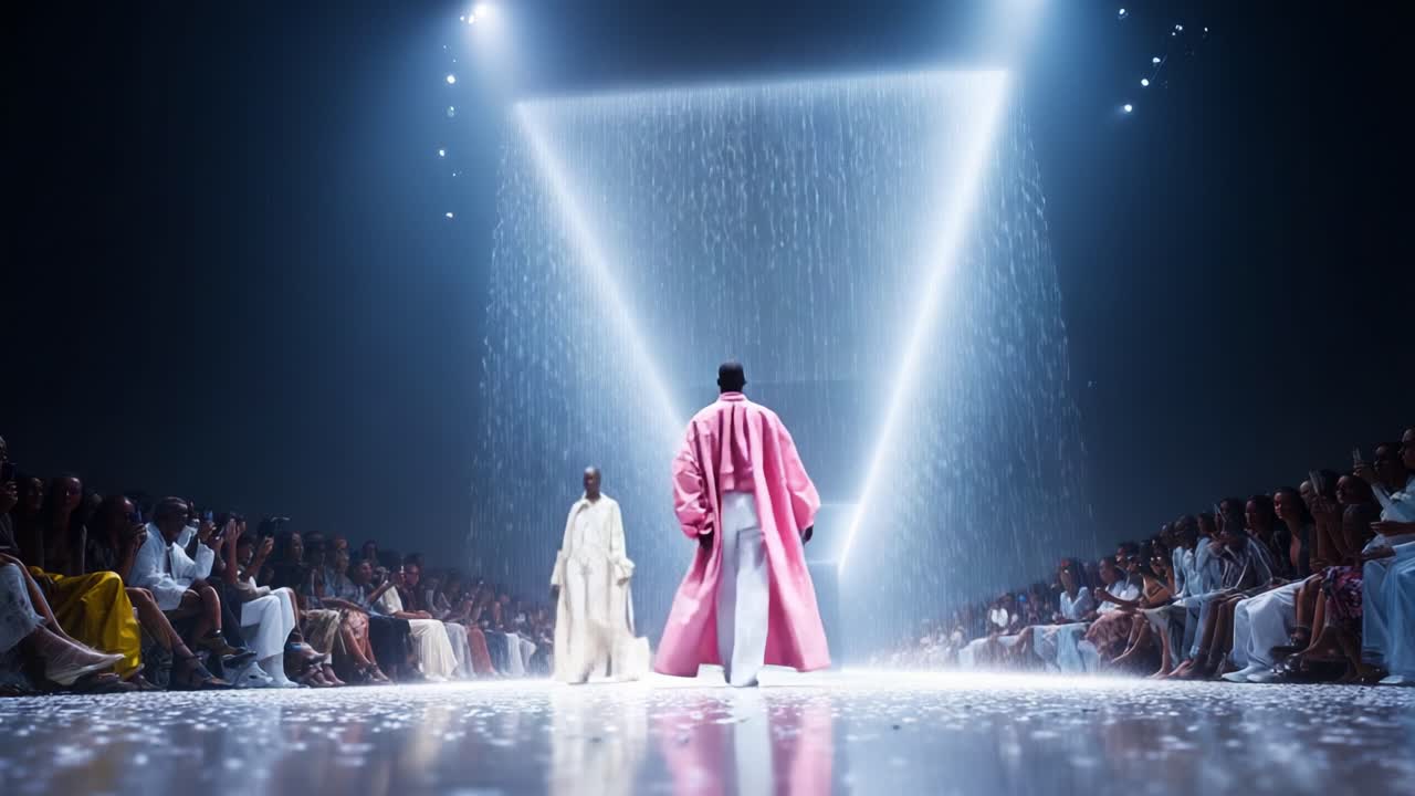 A Captivating Fashion Showcase: Dramatic Lighting and Elegant Designs Illuminate the Runway as Models Gracefully Navigate Through a Unique Artistic Atmosphere Filled with Waterfalls and Enthusiastic Audience