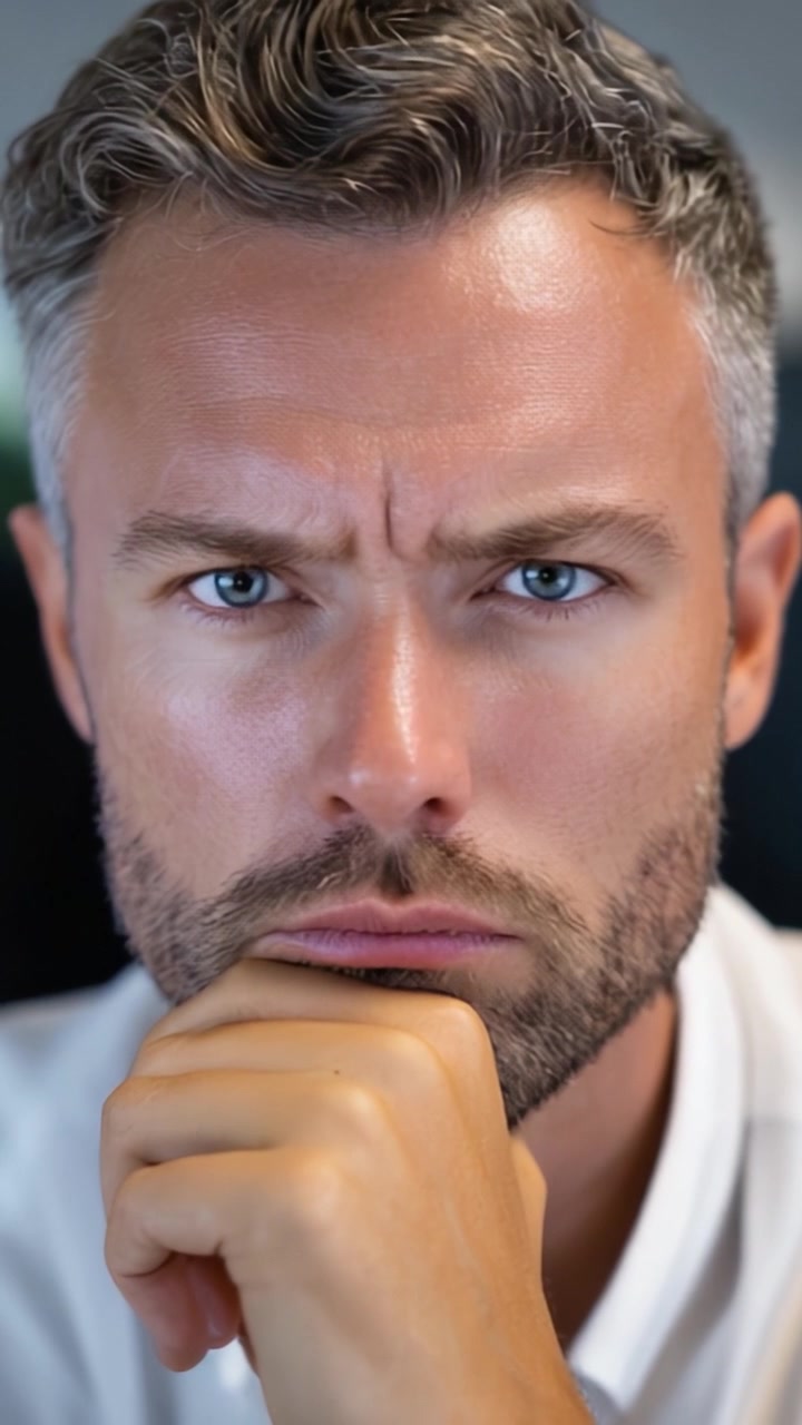 Uomo Concentrato con Espressione Intensa, che Medita Pensieri Profondi, Mostrando Emozioni Attraverso Gesti Pensosi e Contatto Visivo in un Contesto Professionale