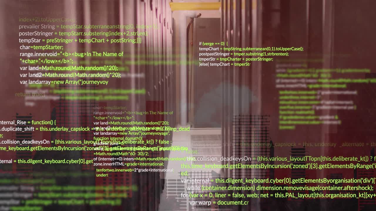 Animation d'un traitement de données dans une salle de serveurs informatiques, sur fond de grands immeubles.