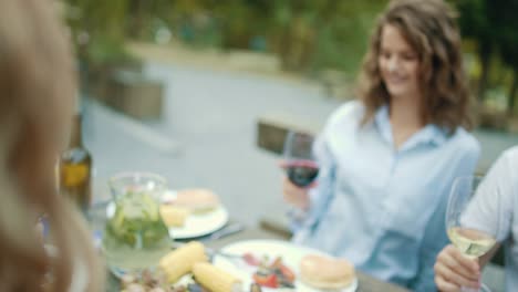 people cheering with drinks at outdoor dinner party