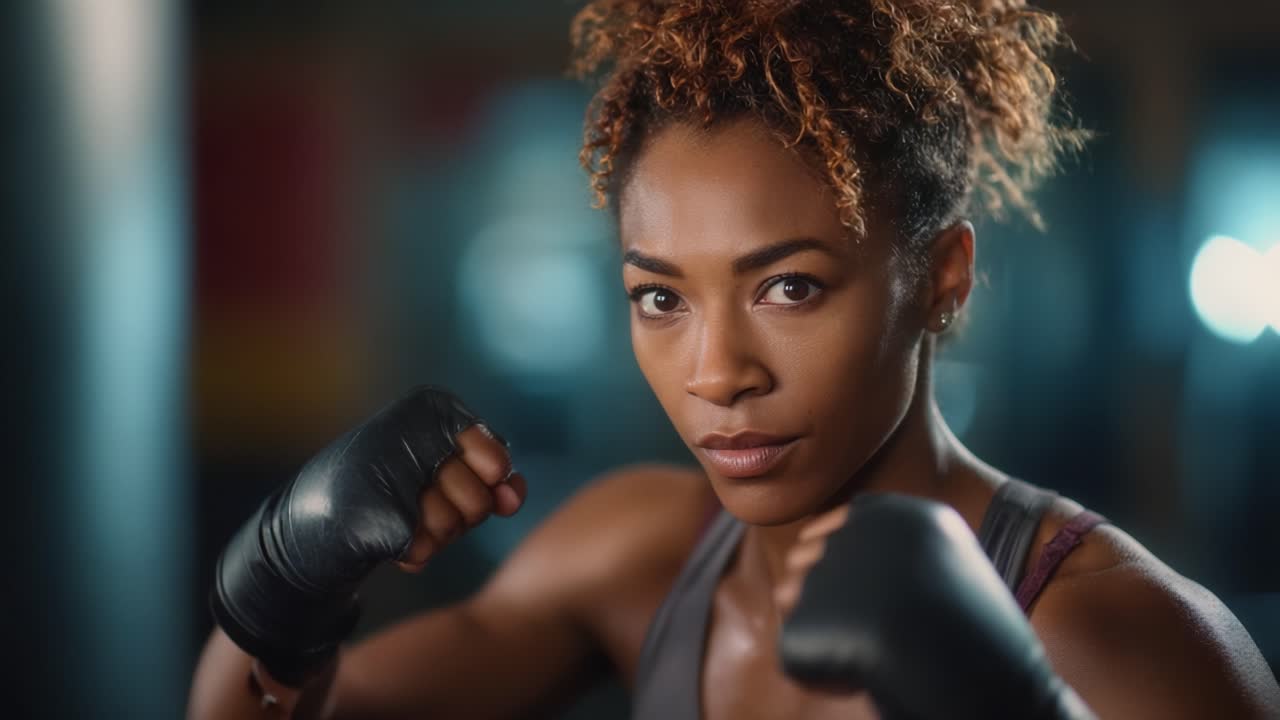 Atleta concentrato che si prepara per un incontro di boxe, che mostra determinazione e forza in un ambiente da palestra con attrezzature e illuminazione professionali