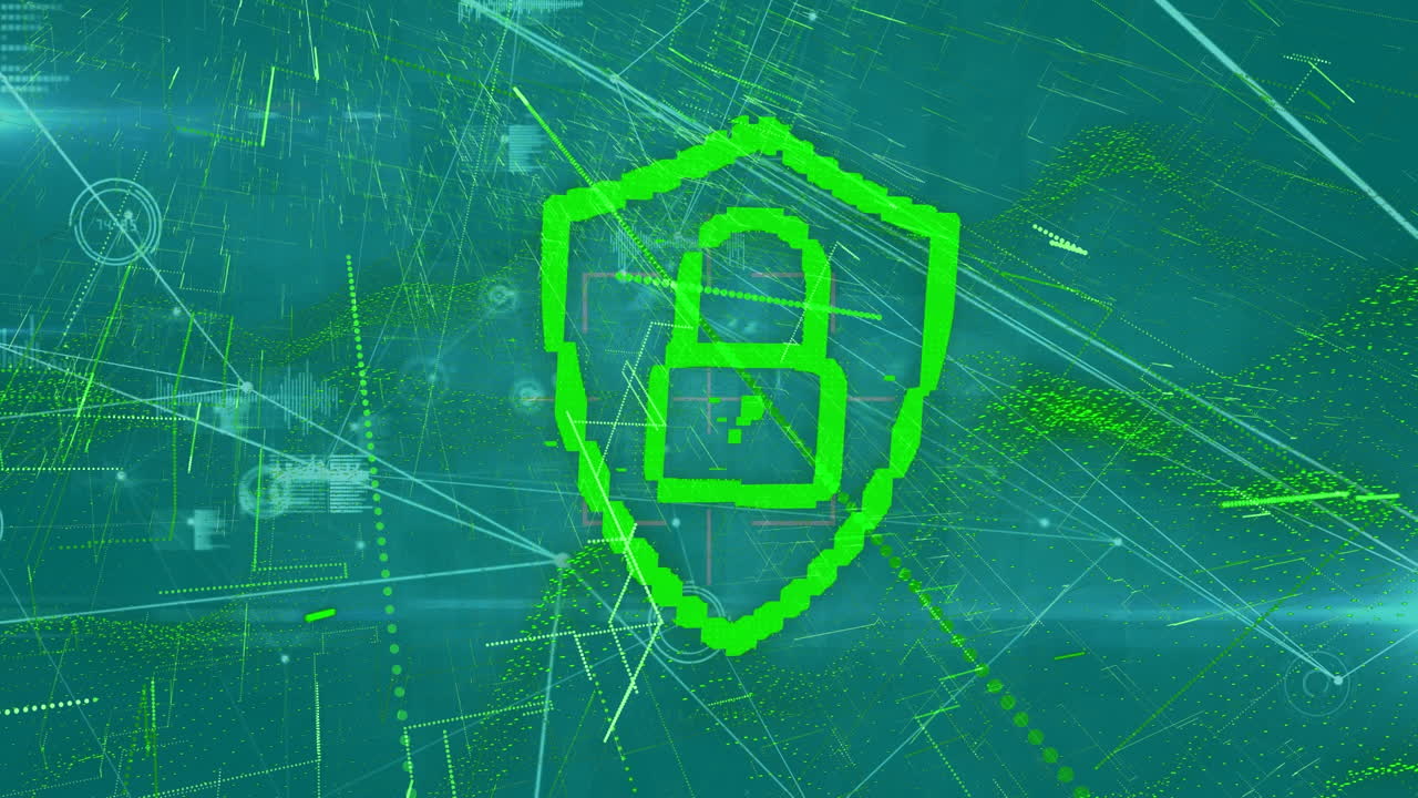 icono de candado de seguridad, red de conexiones y procesamiento de datos contra fondo azul