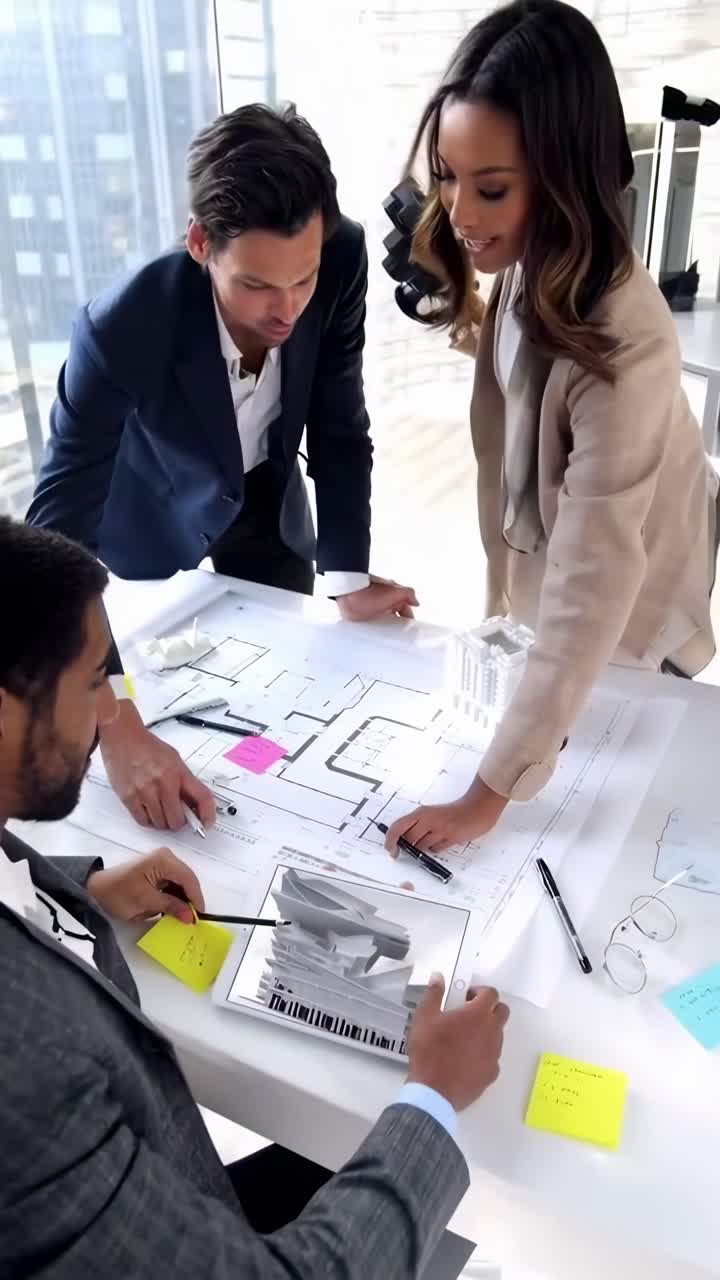 Top-down video shot of hands collaborating over architectural blueprints and a tablet