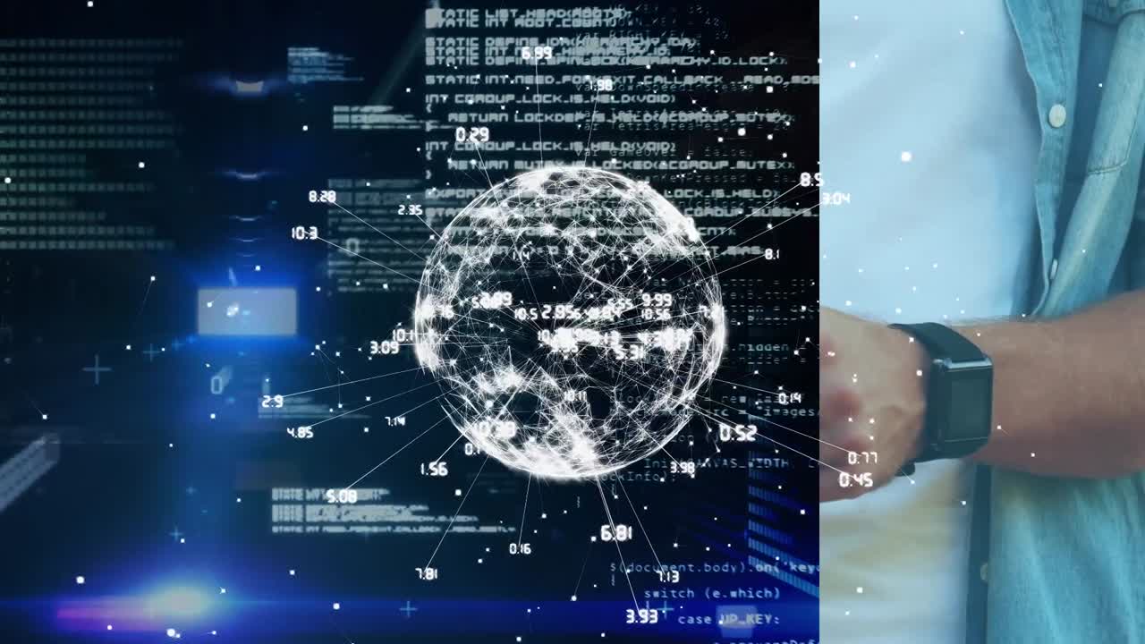 animación del globo con conexiones y procesamiento de datos sobre el hombre caucásico usando un teléfono inteligente